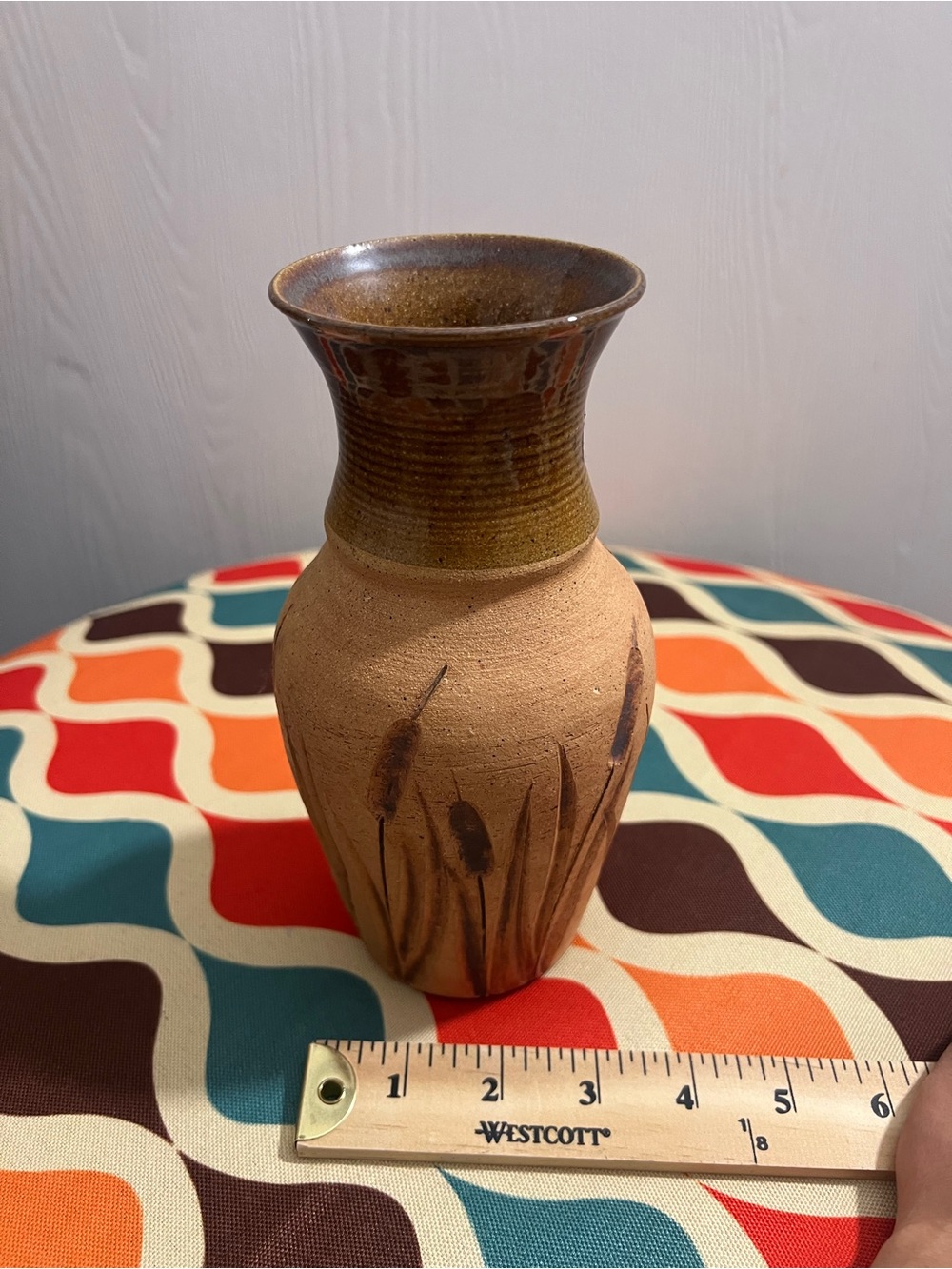 Stamped Handcrafted Tan Ceramic Vase with Brown Glazed Neck and Cattail Motif